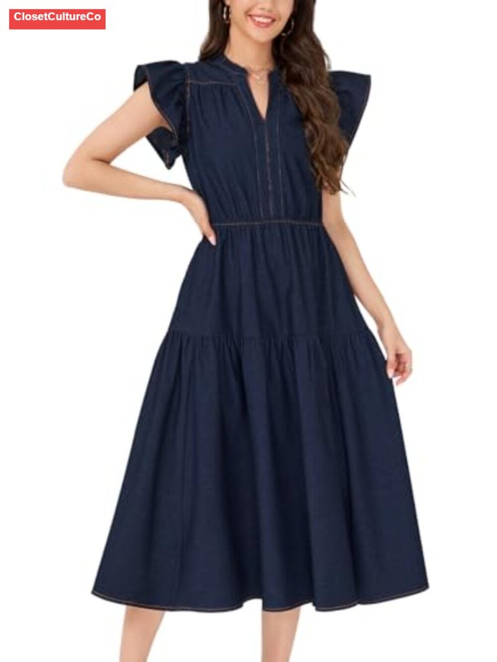 Womens Summer Denim Chambray Maxi Dress Ruffle Sleeve V Neck Tiered Flowy - Picture 1 of 5